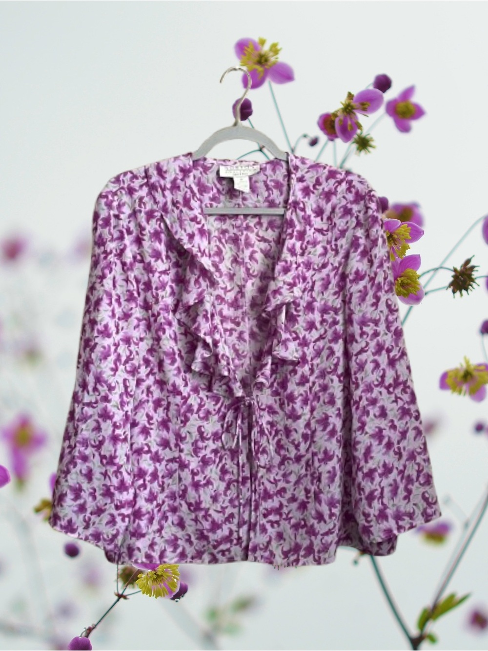Vtg purple fairycore ruffled open tie-front top floral boho Norton McNaughton 16